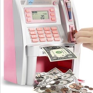 Mini Toy ATM Savings Bank, Pink Piggy Bank Machine for Real Money with Card